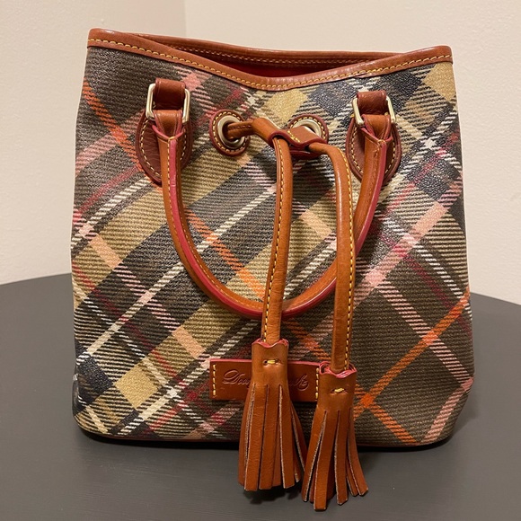 Dooney & Bourke Handbags - Dooney & Bourke Vintage Tartan Brown Plaid Coated Canvas Leather Trim Bucket Bag